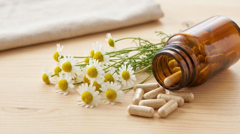 German Chamomile Flowers and Supplement Capsules