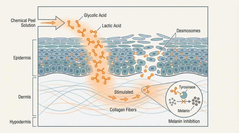 Una ilustración biomédica que muestra la penetración en la piel y el mecanismo molecular de los peelings químicos, representando la escisión de los desmosomas y la estimulación del colágeno.