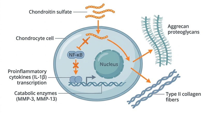 Mecanismo bioquímico del sulfato de condroitina dentro de la articulación. Actúa como un agente de doble acción: regulando a la baja las cascadas proinflamatorias (NF-κB, IL-1β) y las enzimas que degradan el cartílago (MMPs, agrecanasas), mientras estimula simultáneamente los procesos anabólicos (colágeno tipo II, síntesis de agrecano) en los condrocitos. Ilustración biomédica del mecanismo del sulfato de condroitina