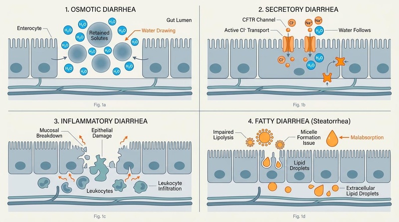 Pathophysiological pathways of chronic diarrhea: Osmotic, Secretory, Inflammatory, and Fatty mechanisms