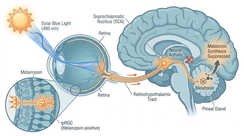 Solar blue light circadian entrainment pathway