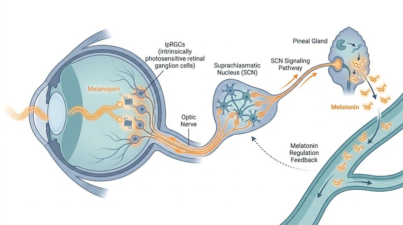 Diagram showing the neurobiological pathway of light-induced circadian entrainment. Photons activate melanopsin-expressing ipRGCs in the retina, projecting via the retinohypothalamic tract to the suprachiasmatic nucleus (SCN) to control systemic melatonin synthesis.