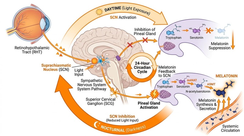 Biomedical illustration of the circadian rhythm pathway, showing the eye, suprachiasmatic nucleus (SCN), and pineal gland, with orange highlights demonstrating melatonin suppression by daylight and secretion at night, including clinical warning icons for timing misalignment.