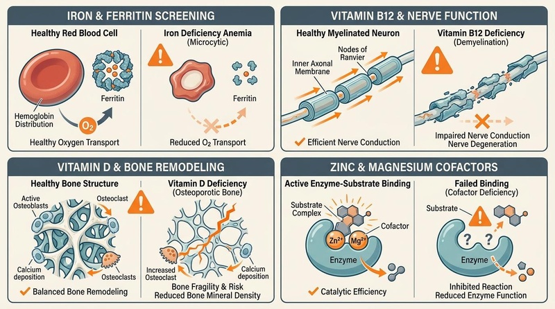 Biomedical infographic of nutritional deficiency states: Comparing healthy cells and tissues with deficient states. (Top-Left) Healthy red blood cell with ferritin versus shrunken microcytic cell. (Top-Right) Intact myelin sheath supported by B12 versus demyelinated axon. (Bottom-Left) Dense bone tissue supported by Vitamin D bone remodeling versus osteoporotic thinning. (Bottom-Right) Successful enzyme-substrate binding with zinc/magnesium cofactors versus failed binding. Clinical Deficiency Biomarkers Infographic