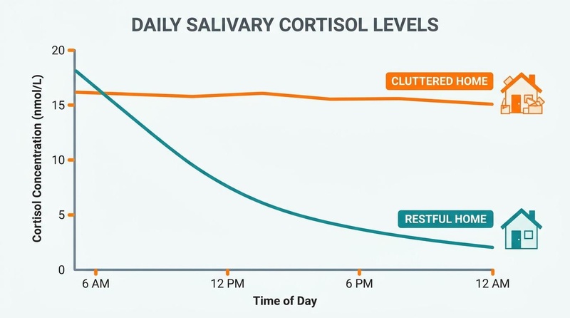 A line graph comparing daily salivary cortisol levels between individuals in a cluttered home versus a restful home. The cluttered home curve is flat and elevated, while the restful home curve shows a healthy, steep diurnal decline.