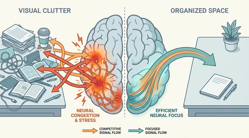 A split-view diagram showing a cluttered desk on the left causing neural congestion and stress in the brain via competitive signal flow, compared to an organized workspace on the right showing focused signal flow and efficient neural focus.