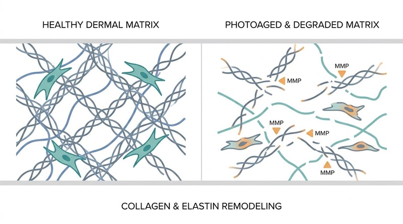 Figure 3: Histological and molecular overview of dermal collagen and elastin remodeling. Healthy skin maintains a highly organized network of triple-helix collagen and elastic elastin fibers (teal/blue). Photoaging and UV exposure trigger matrix metalloproteinases (MMPs) (highlighted in warm orange), which cleave and fragment these structural proteins, causing fibroblasts to collapse and dermal support to fail. Figure 3: Histological and molecular overview of dermal collagen and elastin remodeling. Healthy skin maintains a highly organized network of triple-helix collagen and elastic elastin fibers (teal/blue). Photoaging and UV exposure trigger matrix metalloproteinases (MMPs) (highlighted in warm orange), which cleave and fragment these structural proteins, causing fibroblasts to collapse and dermal support to fail.