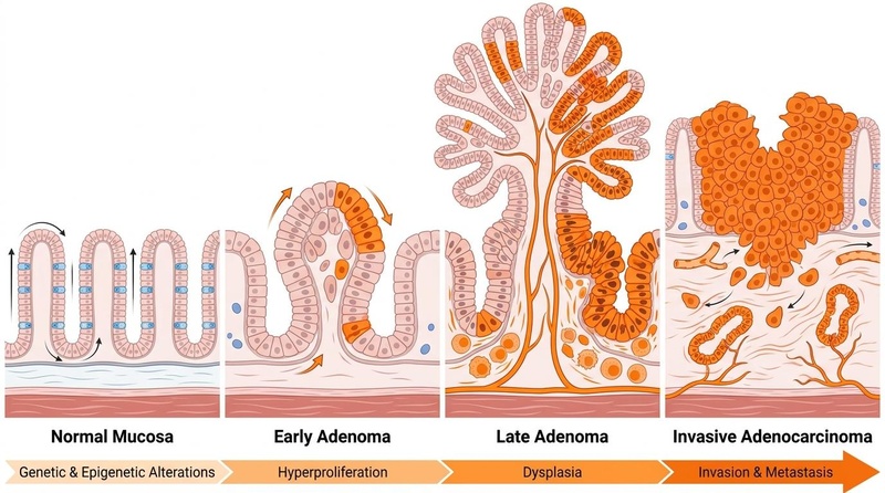 Diagrama biomédico que ilustra la secuencia adenoma-carcinoma en el desarrollo del cáncer colorrectal, mostrando la progresión desde la mucosa normal hasta el adenoma temprano, el adenoma tardío y el adenocarcinoma invasivo.