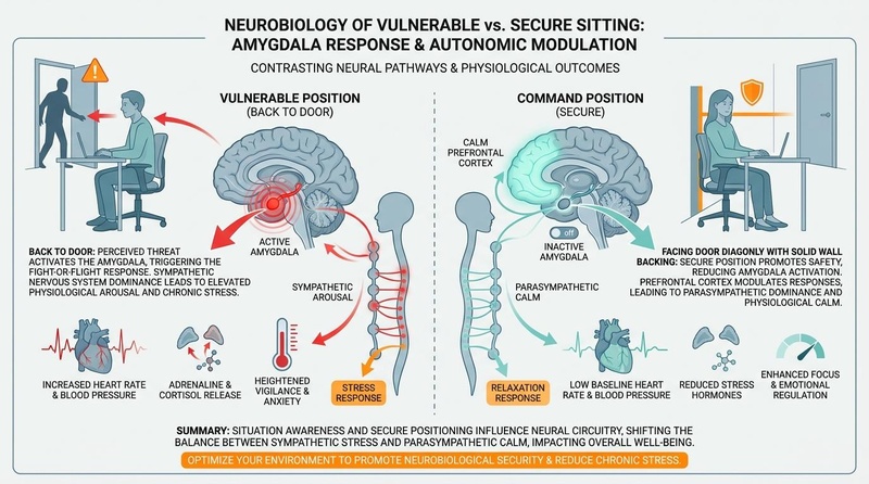 A comparative neurobiological infographic. Left side shows vulnerable sitting (back to door) causing active amygdala stress and sympathetic arousal. Right side shows secure Command Position sitting promoting a calm prefrontal cortex and parasympathetic relaxation.