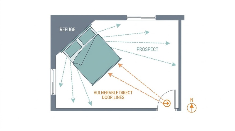 An architectural floor plan schematic of a bedroom showing the bed placed diagonally across from the door. A solid wall behind the headboard is labeled Refuge, and sightlines to windows and doors are labeled Prospect. Vulnerable paths are highlighted.
