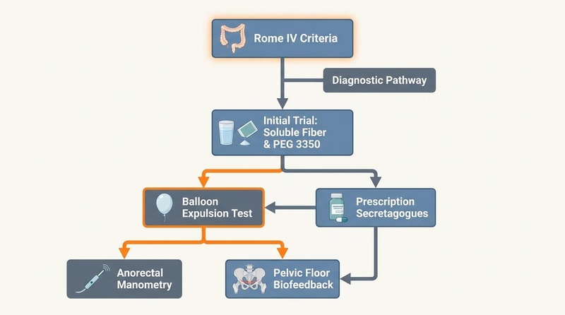 Figure 3: Medical decision pathway for evaluating and escalating treatment in chronic constipation. Constipation Diagnostic and Treatment Flowchart