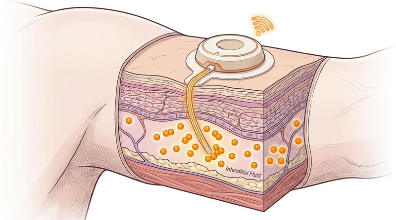 An illustration of a continuous glucose monitor (CGM) sensor applied to the back of the arm, showing the microneedle filament extending into the interstitial fluid space below the skin.
