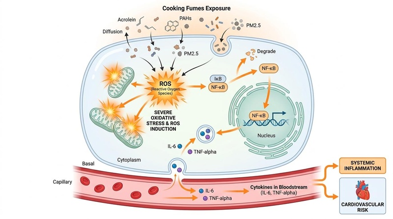 Figure 2: Cellular and toxicological mechanisms of cooking fume-induced oxidative stress and systemic inflammation. Cellular Mechanisms of Toxicity