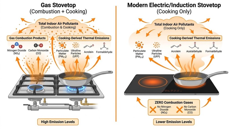 Figure 1: Breakdown of cooking-generated indoor air pollutants, distinguishing combustion-derived products from gas burners and thermal-oxidation products generated by heating culinary lipids on any stove type. Kitchen Pollution Sources and Chemical Forms