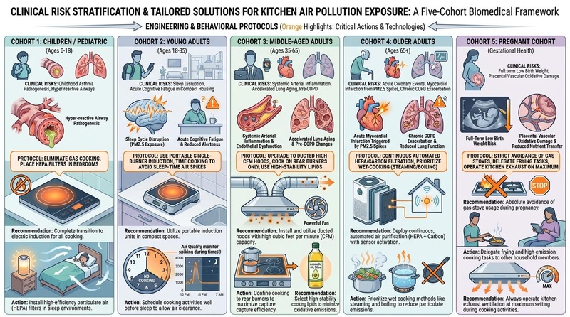 Figure 3: Clinical risk stratification and tailored demographic recommendation matrix for cooking pollutant exposure. Each cohort is mapped to distinct physiological vulnerabilities, clinical risks, and tailored protective actions. Clinical Risk Stratification Matrix