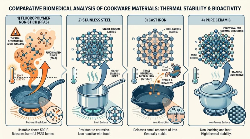 Comparative Cookware Safety: Material Chemistry and Thermal Stability Comparative safety and material chemistry of common cookware.
