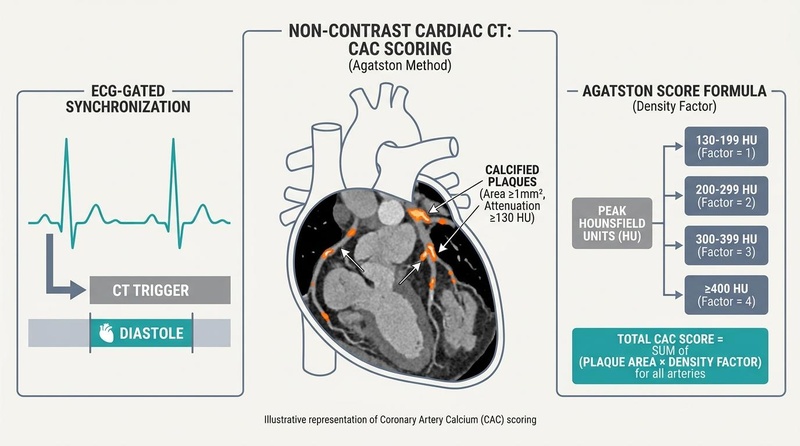 Coronary Artery Calcium (CAC) Scoring non-contrast CT and Agatston scoring concept