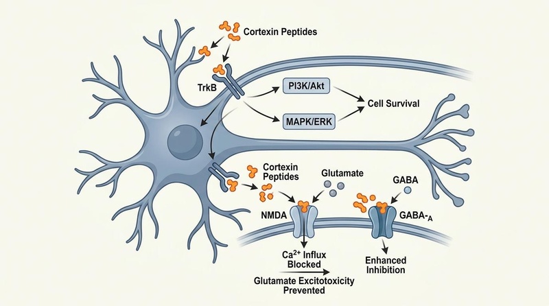Scientifically accurate diagram showing Cortexin's direct mechanisms: TrkB receptor activation triggering cell survival cascades, NMDA receptor modulation to prevent calcium influx, and GABA-A facilitation.