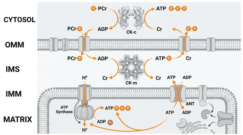 Creatine ATP recycling mechanism