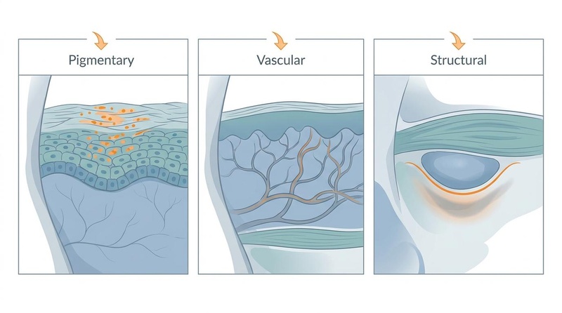Biomedical illustration of the under-eye skin and subcutaneous layers, highlighting the distinct anatomical subtypes: pigmentary (melanin in epidermis/dermis), vascular (superficial microvasculature and capillary congestion), and structural (tear trough depression and orbital fat pad herniation). Cross-sectional biomedical diagram displaying under-eye dark circle subtypes, including melanin hyperpigmentation, superficial microvasculature, tear trough indentation, and orbital fat pad arrangement.