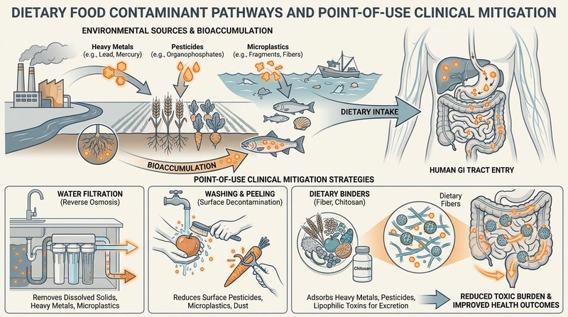 Process flow diagram of dietary food contaminants and point-of-use clinical mitigation: Contaminants like heavy metals (lead, mercury), pesticides (organophosphates), and microplastics enter crops and seafood from industrial and agricultural sources, bioaccumulate, and enter the human gastrointestinal tract. Point-of-use clinical mitigation strategies include Reverse Osmosis water filtration, washing/peeling produce, and taking dietary binders (fiber, chitosan) to adsorb toxins for fecal excretion, reducing the overall toxic burden. Dietary Food Contaminant Pathways and Clinical Mitigation