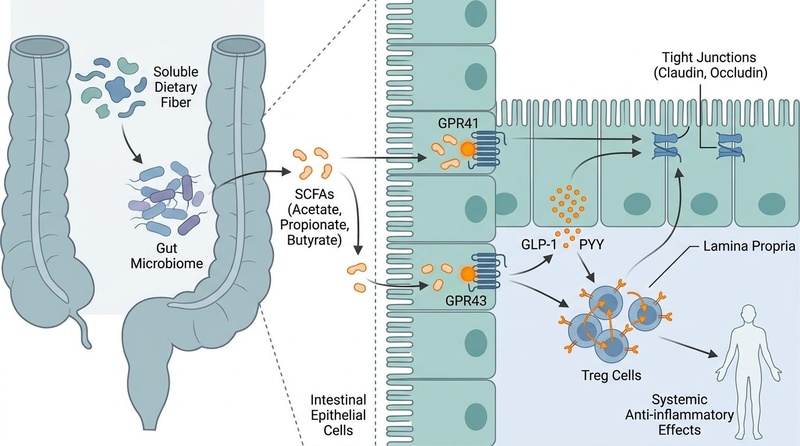 Biomedical illustration of dietary fiber fermentation and SCFA signaling pathways in the colon. Soluble fiber is fermented by the gut microbiota into short-chain fatty acids (acetate, propionate, butyrate), which activate G-protein coupled receptors (GPR41/43) on enterocytes and immune cells, triggering glycemic regulation, mucosal barrier enhancement, and systemic anti-inflammatory responses. Biomedical illustration of dietary fiber fermentation and SCFA signaling pathways
