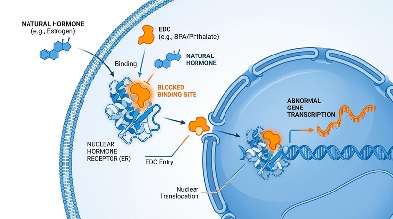 Figure 1: Molecular mechanism of endocrine disruption. The exogenous EDC (e.g., bisphenol or phthalate) binds to a nuclear receptor with high affinity, preventing endogenous hormone binding and initiating dysregulated gene transcription.