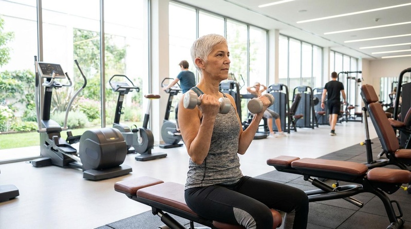 Older adult woman performing resistance training with dumbbells in a bright, professional wellness center.