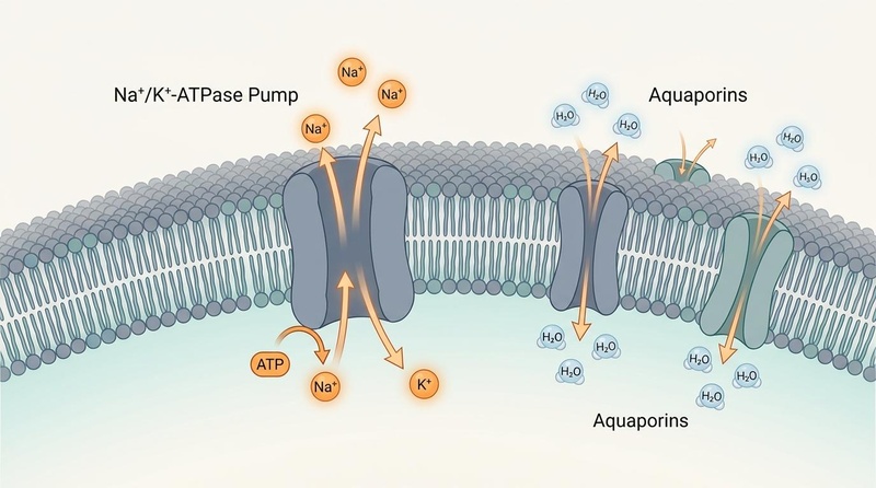 Biomedical schematic of active and passive cellular transport: The Na+/K+-ATPase pump uses ATP to transport 3 Na+ ions out of the cell and 2 K+ ions in, establishing the resting membrane potential. Simultaneously, passive aquaporin channels facilitate the rapid, bidirectional movement of H2O molecules across the phospholipid bilayer. Electrolyte Cellular Transport Diagram