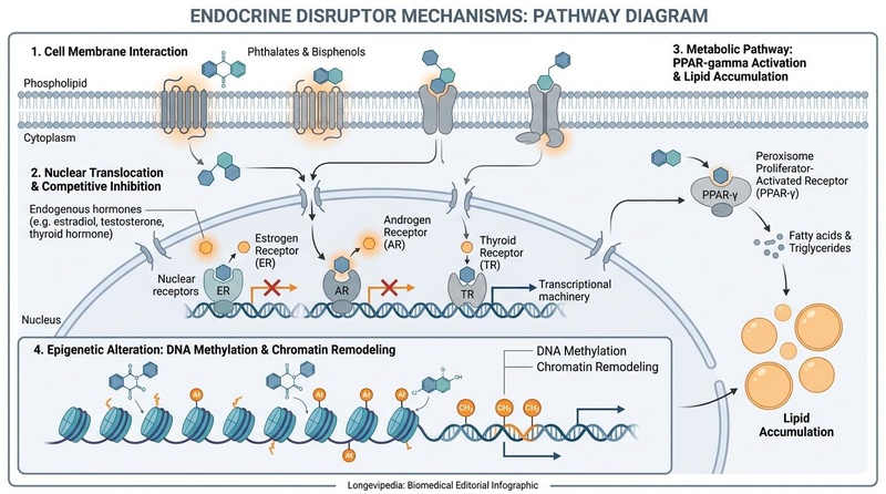 Figure 2: Molecular pathways of endocrine-disrupting chemicals (EDCs). The diagram illustrates cell membrane interaction, nuclear receptor competitive inhibition, PPAR-gamma activation leading to lipid accumulation, and epigenetic chromatin remodeling.