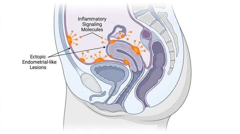 Biomedical illustration of endometriosis pathophysiology showing ectopic endometrial-like tissue implants on pelvic structures