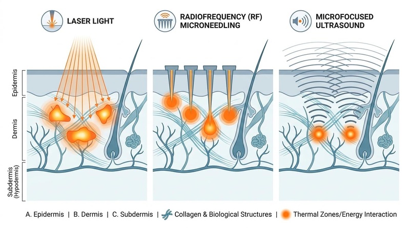 Comparative diagram of laser, RF microneedling, and microfocused ultrasound skin penetration depths and patterns.
