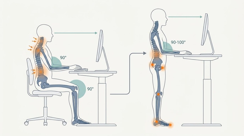 Ergonomic biomechanical diagram comparing sitting vs. standing workstations, showcasing spinal alignment, joint angles, and strain zones. Ergonomic Workstation Setup