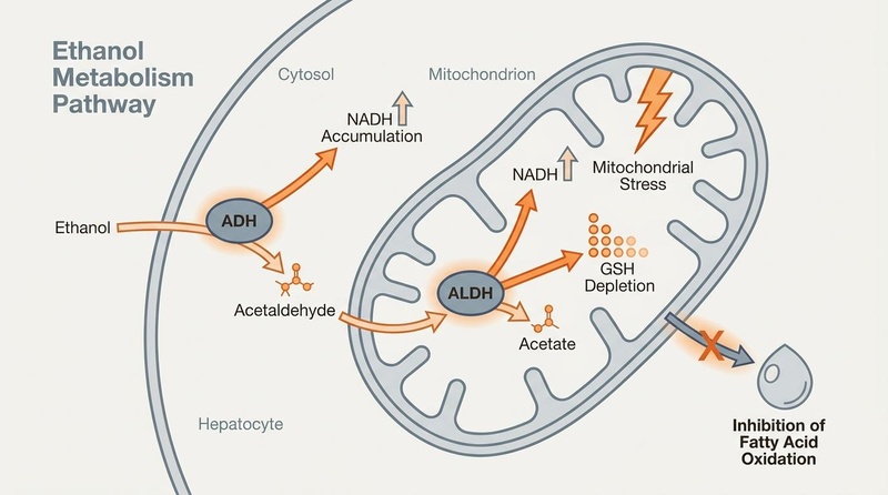 Biomedical schematic of hepatic ethanol metabolism: In the cytosol of the hepatocyte, ethanol is converted by alcohol dehydrogenase (ADH) into highly toxic acetaldehyde, causing a shift in the NAD+/NADH ratio. Acetaldehyde enters the mitochondrion, where aldehyde dehydrogenase (ALDH) converts it to acetate. The downstream consequences of this metabolic load include NADH accumulation, glutathione (GSH) depletion, mitochondrial stress, and the accumulation of lipids due to the inhibition of fatty acid oxidation. Ethanol Hepatic Metabolism Diagram