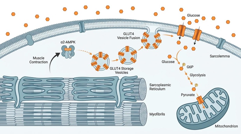 Biomedical diagram illustrating the cellular mechanics of exercise snacking, showing AMPK activation and GLUT4 translocation during brief muscle contractions.