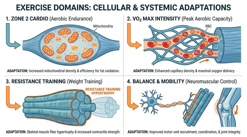 The four key domains of exercise and their associated cardiorespiratory and cellular adaptations.