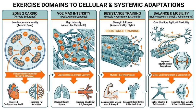 Comprehensive overview of the cellular and systemic adaptations of skeletal muscle to Zone 2 cardio and VO2 max intensity training.