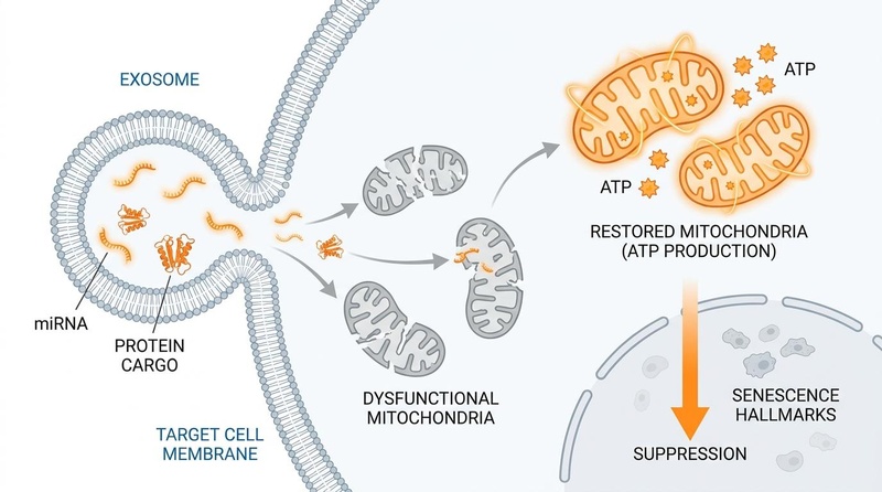 Biomedical illustration showing extracellular vesicles (exosomes) delivering microRNA and protein cargo to an aging cell, rejuvenating mitochondria, increasing ATP production, and suppressing cellular senescence.
