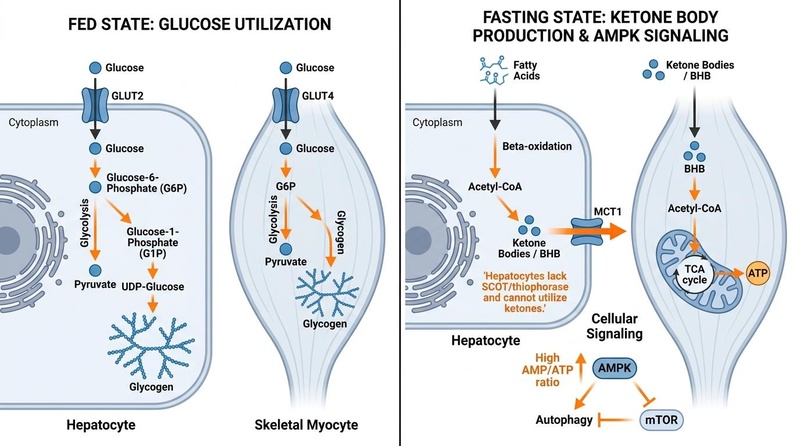 Biomedical illustration of the fasting-induced metabolic switch comparing fed and fasted states.