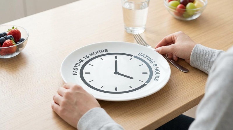Concepto del ayuno intermitente 16:8 mostrando las ventanas de alimentación y ayuno