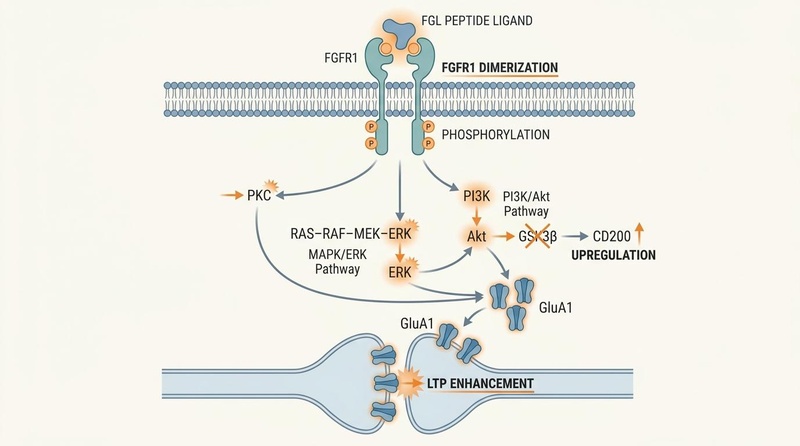 FGL Peptide Mechanism of Action showing FGFR1 activation, intracellular signaling (PKC, MAPK, AKT), and synaptic AMPA receptor recruitment.