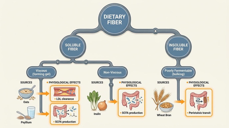 Physicochemical classification of dietary fiber, detailing the divisions between soluble viscous, soluble non-viscous, and insoluble poorly fermentable fibers and their target health benefits. Classification of dietary fiber by solubility, viscosity, and fermentability