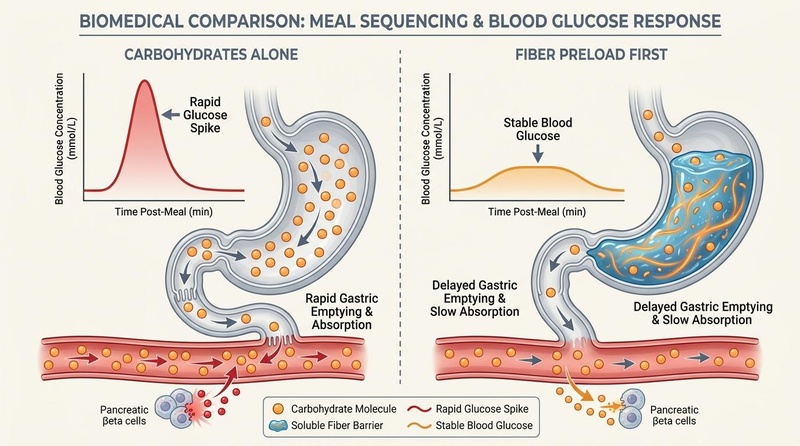 Glycemic-buffering meal sequencing. Consuming a viscous soluble fiber preload (right) forms a gel barrier that traps glucose and delays absorption, blunting postprandial blood sugar spikes compared to carbohydrates consumed alone (left). Glycemic-buffering meal sequencing and blood glucose curves comparison