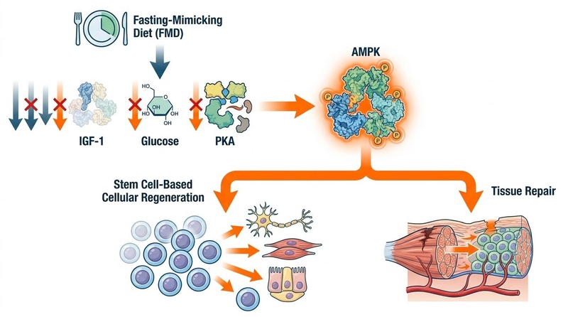 Biomedical infographic showing Fasting-Mimicking Diet molecular signaling pathways and regeneration.