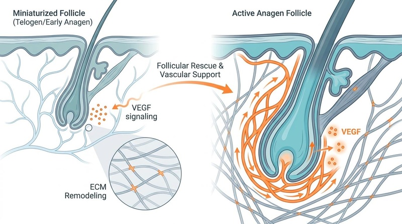 Diagrama biomédico que ilustra el rescate del folículo piloso durante la transición de la fase miniaturizada a la fase anágena activa, mostrando el soporte vascular, la señalización del VEGF y la remodelación de la matriz extracelular.