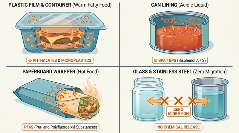 Chemical migration from food packaging into food.