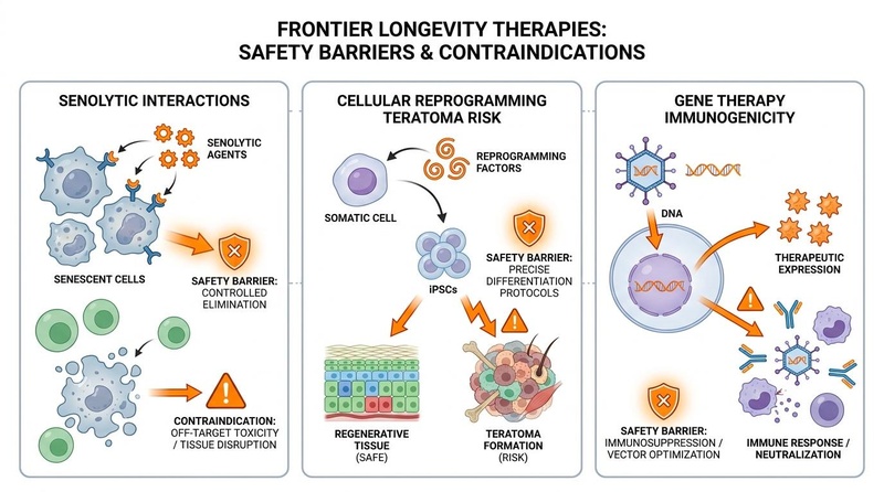 Frontier Longevity Therapies: Safety Barriers & Contraindications