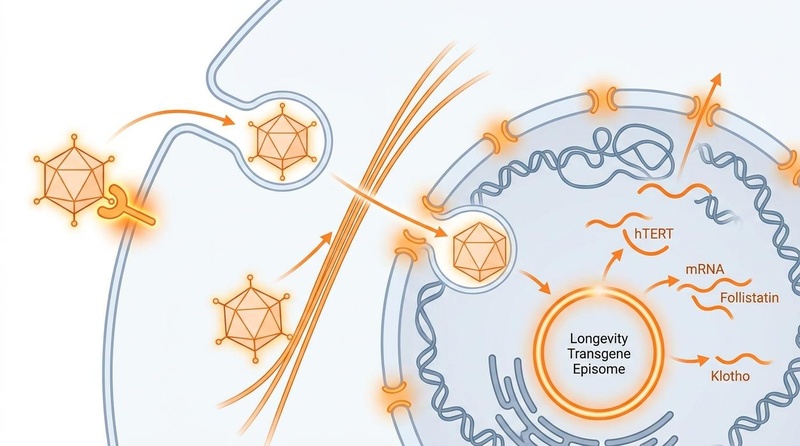 Una ilustración científica limpia y de grado médico que muestra un vector de virus adenoasociado (AAV) transfiriendo un transgén de longevidad (como hTERT, FST o Klotho) a una célula humana. El vector viral se une a la membrana celular, entra por endocitosis y libera el transgén en el núcleo celular donde permanece episomal, iniciando la transcripción de proteínas terapéuticas rejuvenecedoras. Se utilizan reflejos naranjas brillantes para las características clave, sobre un fondo limpio azul claro y blanco.