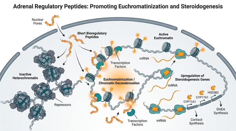 Biomedical illustration of short-chain adrenal regulatory peptides (A-17) facilitating chromatin decondensation and euchromatinization to support adrenal cortex gene transcription.