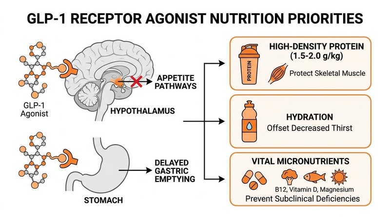 Biomedical diagram detailing nutrition priorities during GLP-1 receptor agonist therapy.
